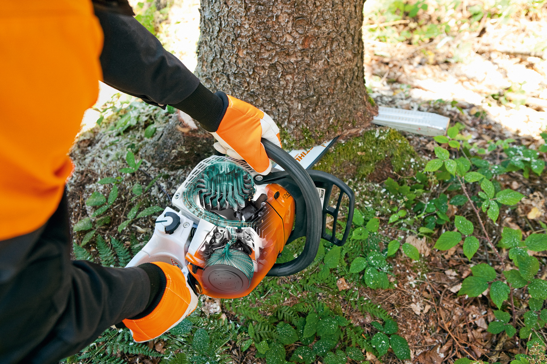 Benzínová řetězová pila STIHL MS 241 C-M při řezání kmene stromu