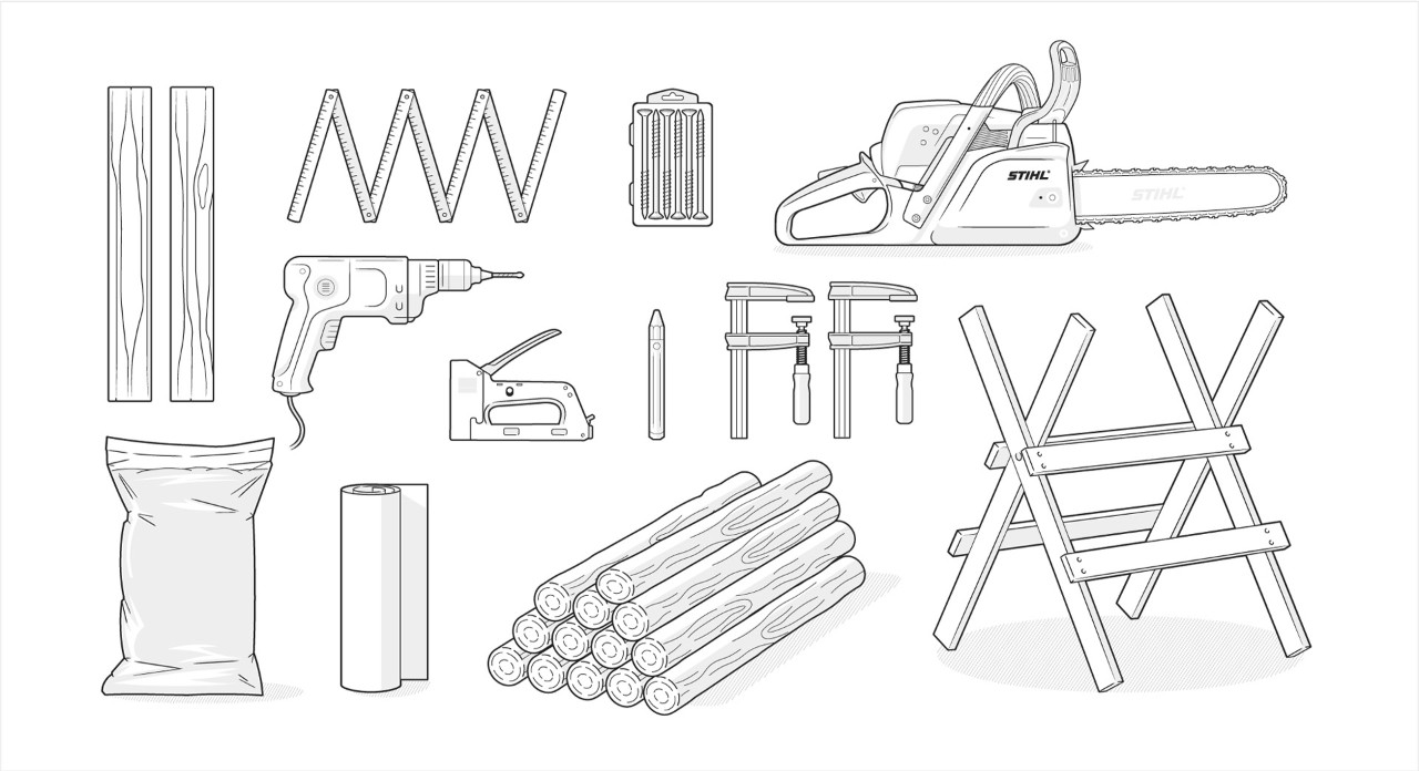 Ilustrace materiálu: Dřevěné palisády, motorovou pilu, písek do pískoviště, akumulátorovou vrtačku, geotextilii, metr, kozu na řezání, svěrky
