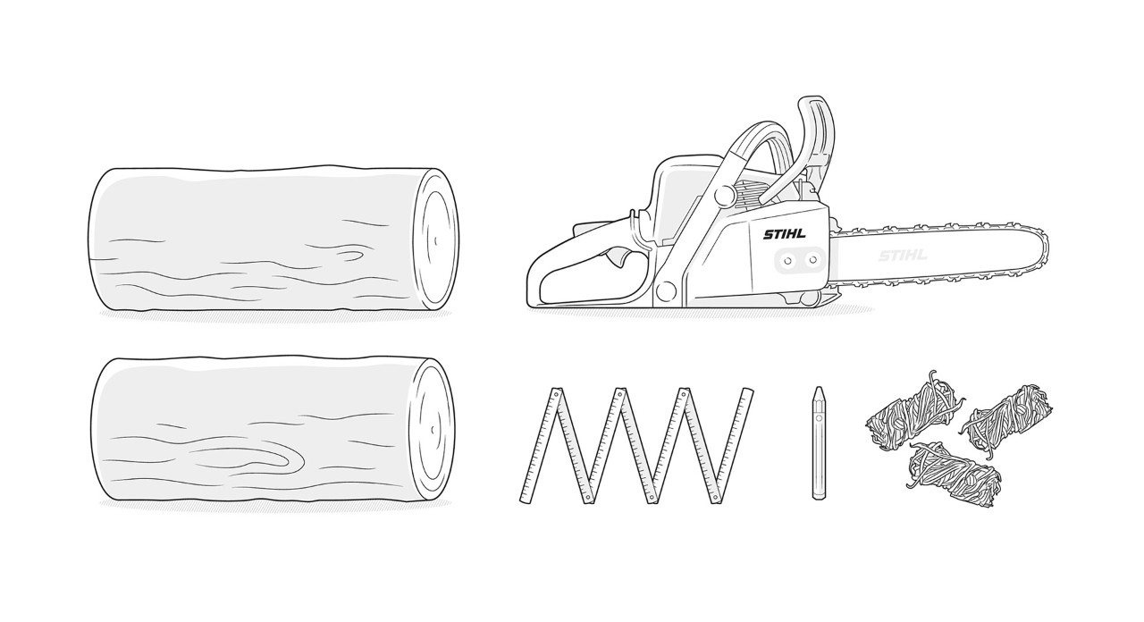 Ilustrace materiálu: dřevo, motorová pila STIHL, metr, tužka, podpalovač na gril