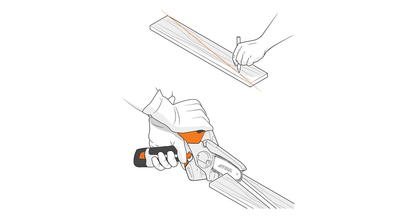Někdo řeže prkno šikmo vyvětvovací minipilou STIHL GTA 26