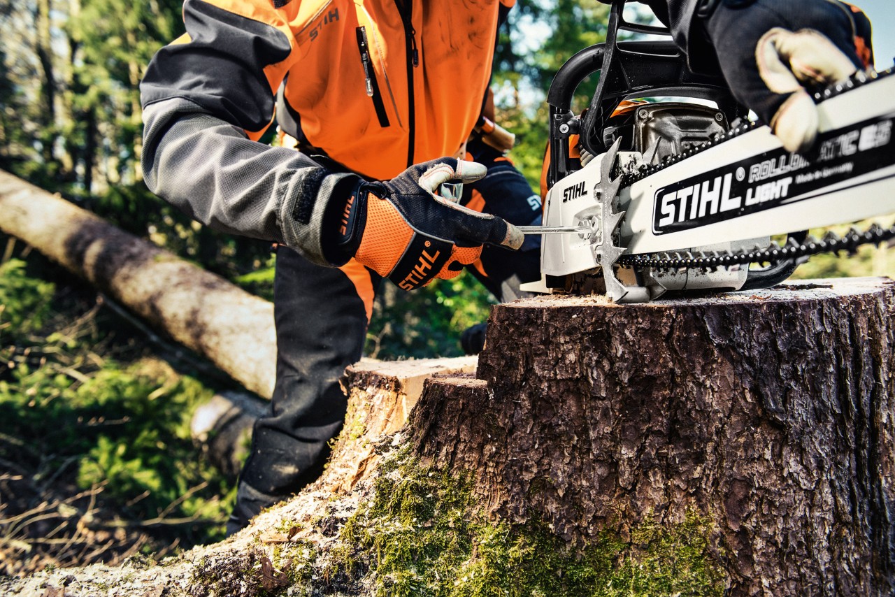Benzinová řetězová pila STIHL MS 461 na pařezu, v pozadí osoba v ochranném oděvu
