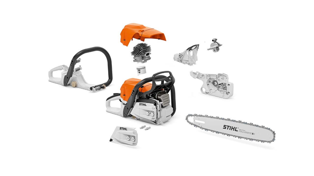 Benzinová motorová pila STIHL MS 400 C-M rozebraná na jednotlivé díly s magnéziovým pístem