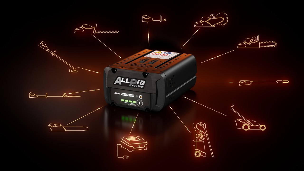 STIHL ALLPRO AP 300 P C Akku, entouré de plusieurs icônes représentant des catégories de produits compatibles