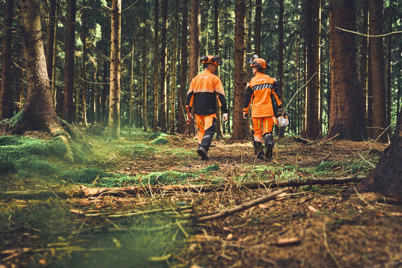 Pohled zezadu na lesní dělníky v ochranném oděvu STIHL, který neomezuje v pohybu