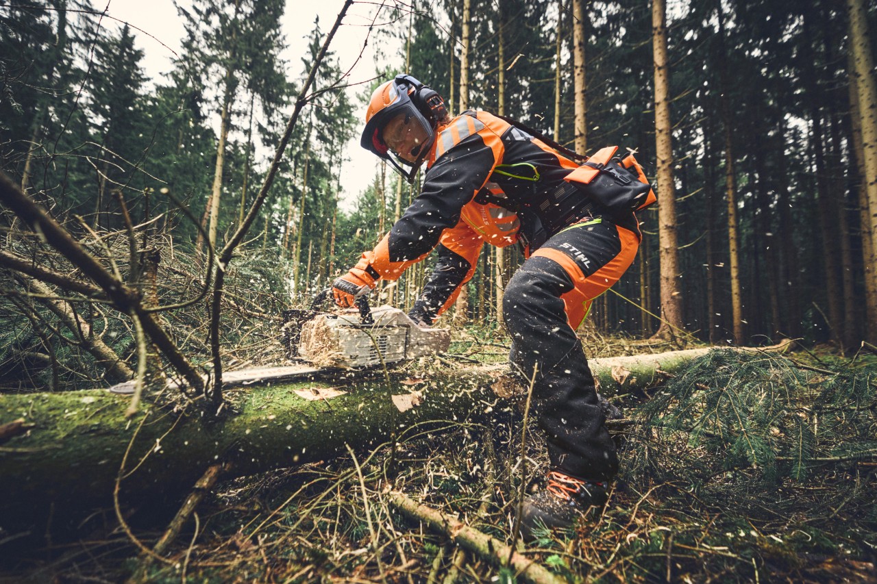 Lesní dělník při odvětvování akumulátorovou řetězovou pilou STIHL MSA 300 a s kompletními osobními ochrannými prostředky pro práci v lese