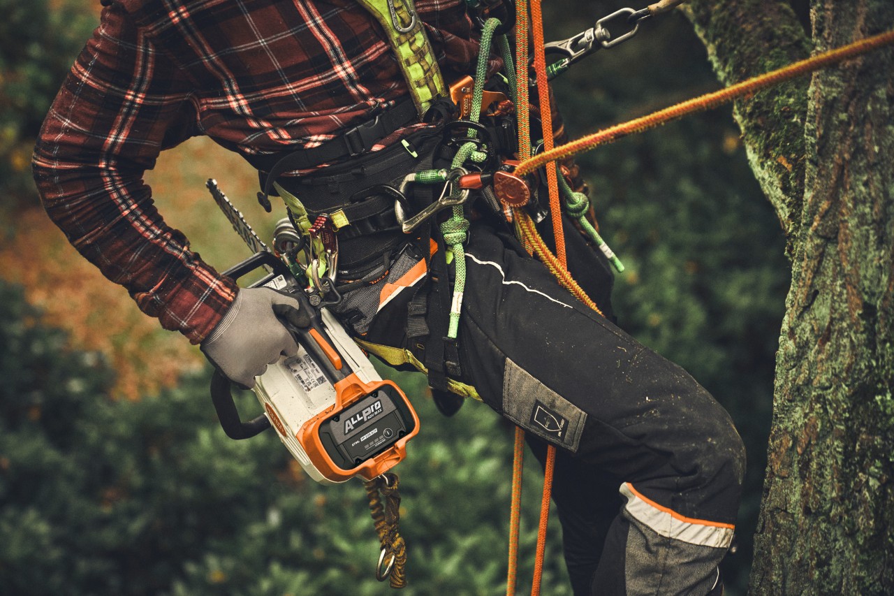 Detailní záběr muže, který s akumulátorem ALLPRO šplhá na strom s akumulátorovou motorovou pilou STIHL MSA 190 T