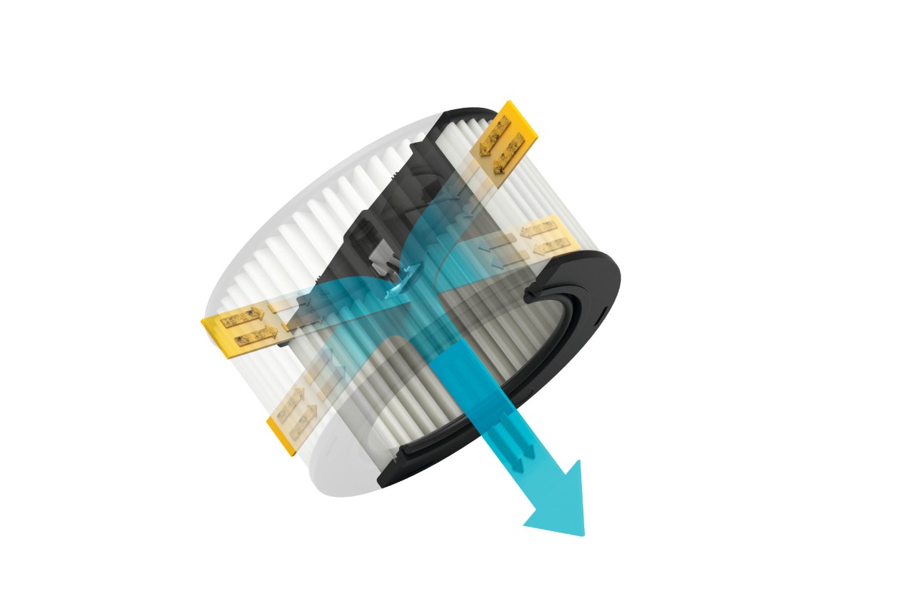 The cleaning effect of a fleece air filter is shown in a graphic with arrows