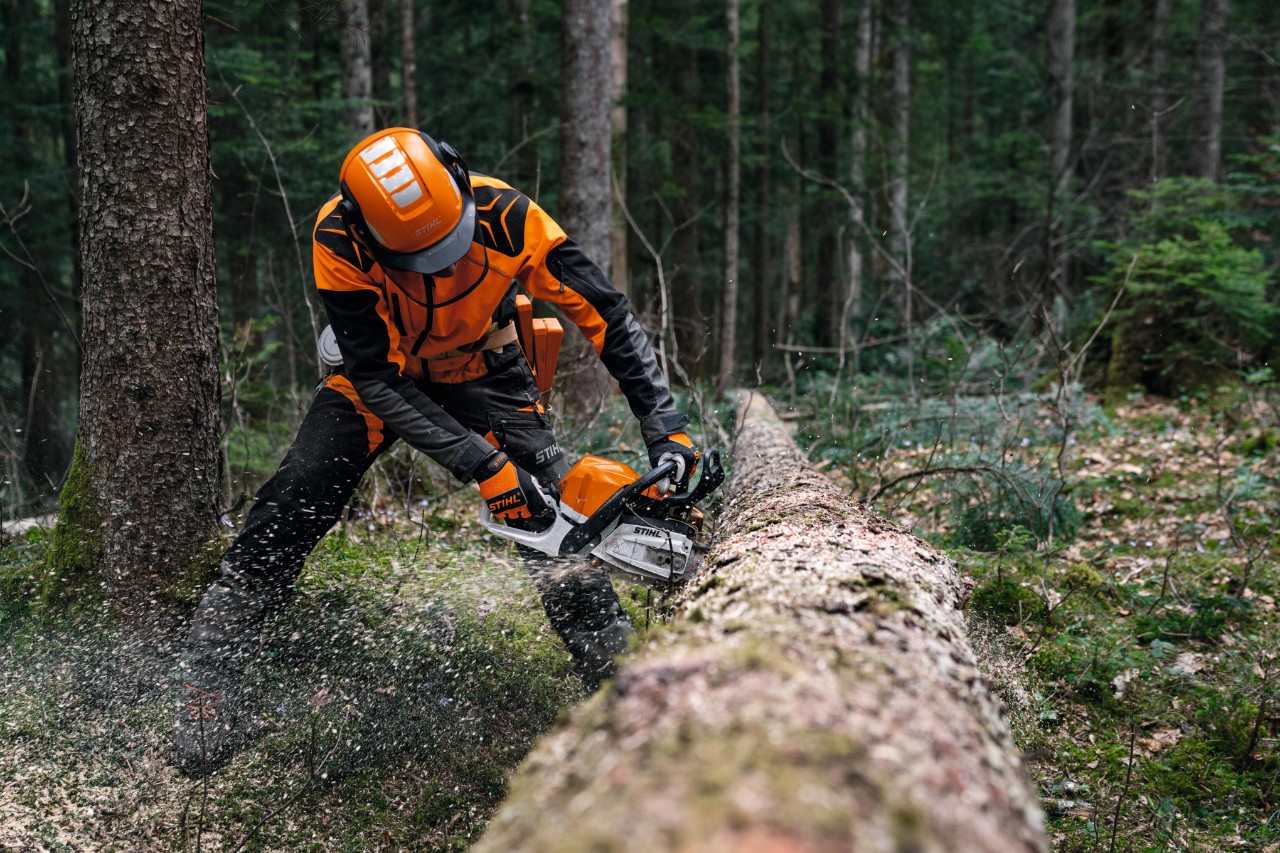 Muž v ochranných pomůckách řeže pokácený kmen stromu benzínovou řetězovou pilou STIHL MS 400 C-M s hořčíkovým pístem